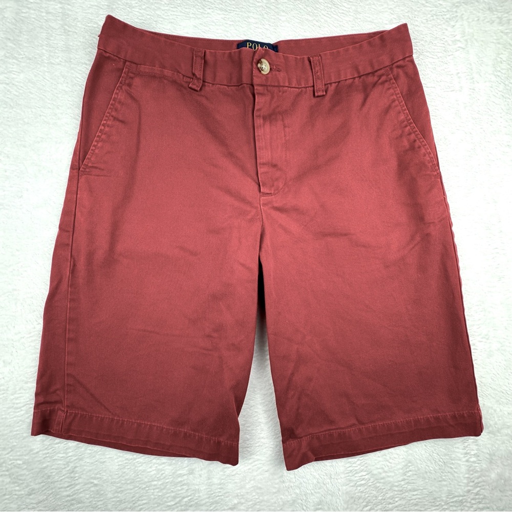 Polo Ralph Lauren Big Boys Size 16 Cotton Chino Shorts. Red. Flat front.
